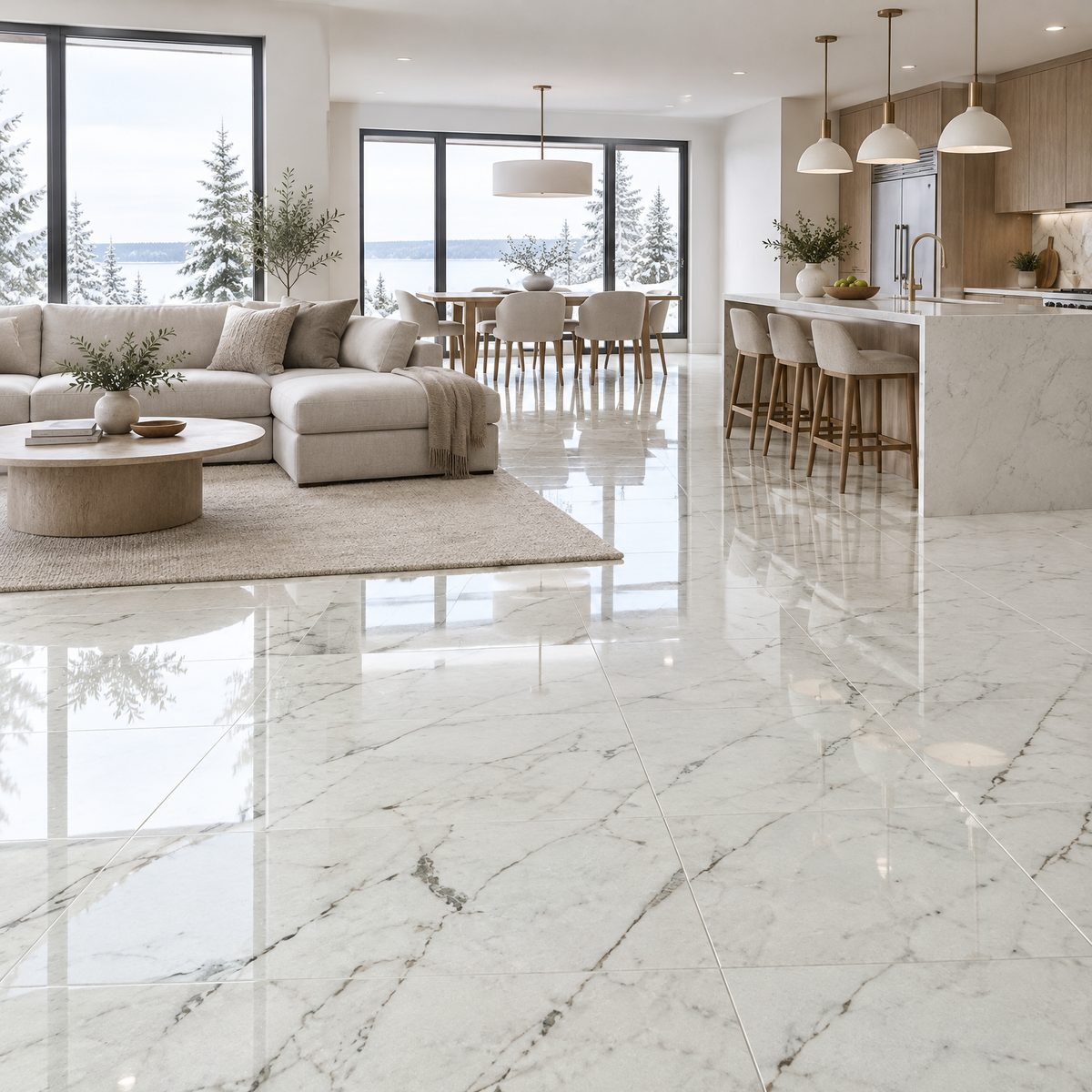White Porcelain Tile 32×32 — 1089, glossy, an illustration of it installed