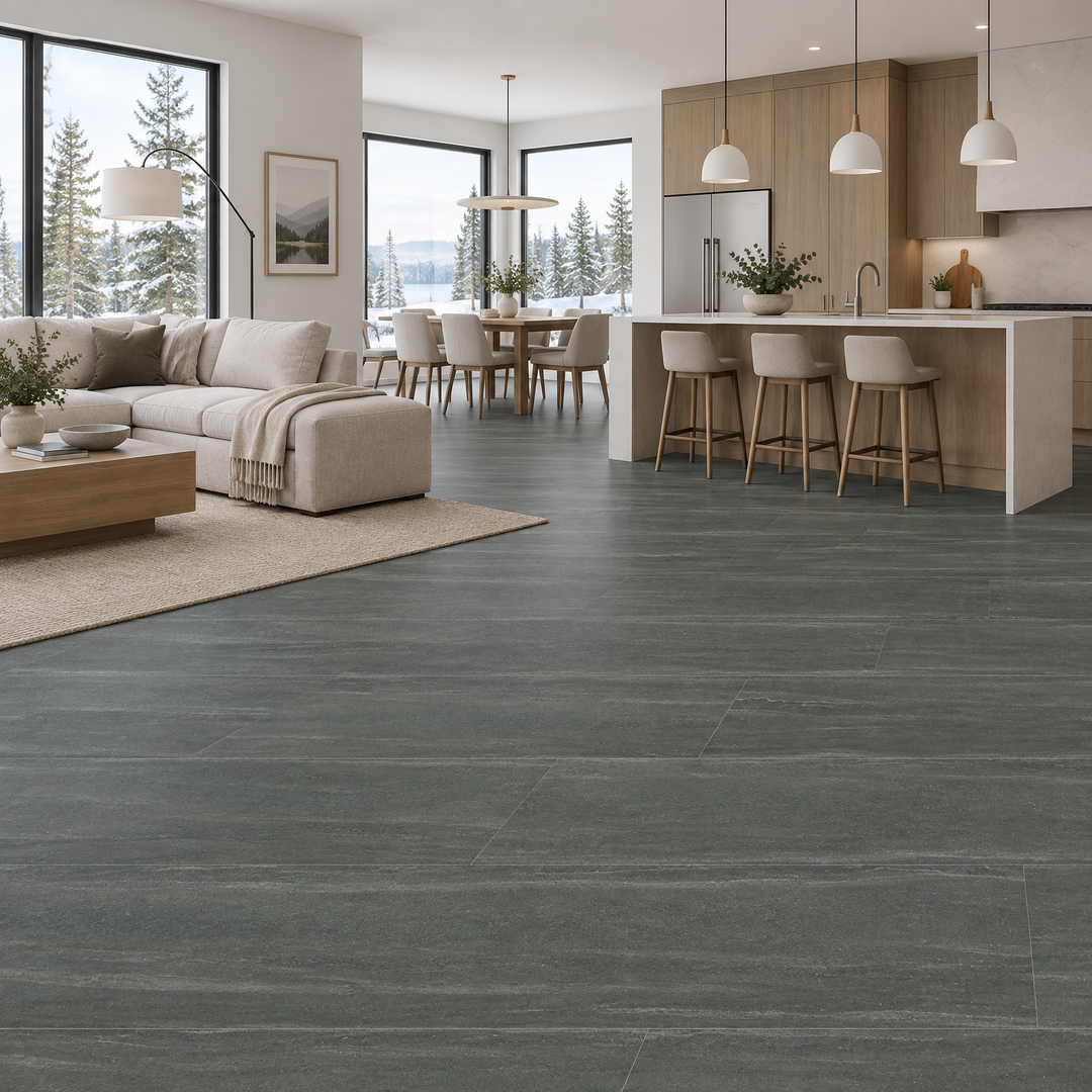 Grey Matte Tile 24×48 — 1221, an illustration of it installed