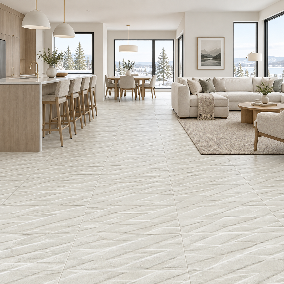 White Tile 16×32 — 6017 HL, structured, an illustration of it installed