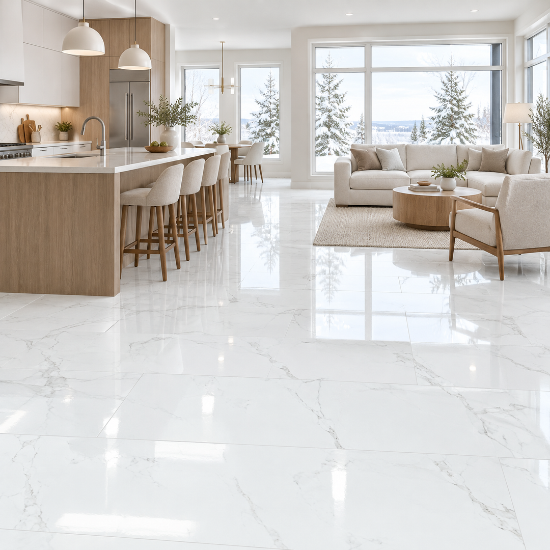 White Tile 16×32 — 6070LT, glossy, an illustration of it installed