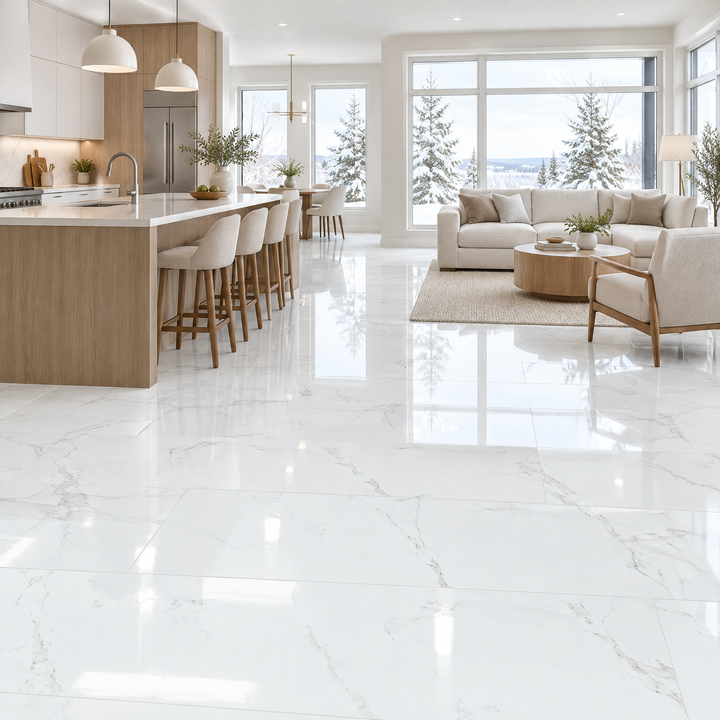 White Tile 16×32 — 6070LT, glossy, an illustration of it installed