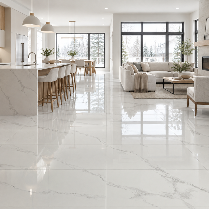 White Polished Tile 24×48 — 6292, an illustration of it installed