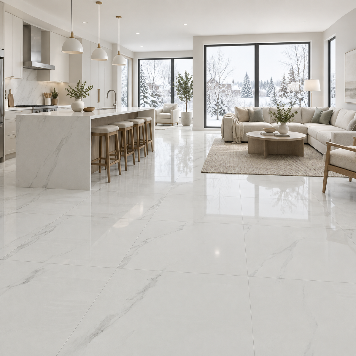 White Porcelain Tile 32×32 — 8014, an illustration of it installed