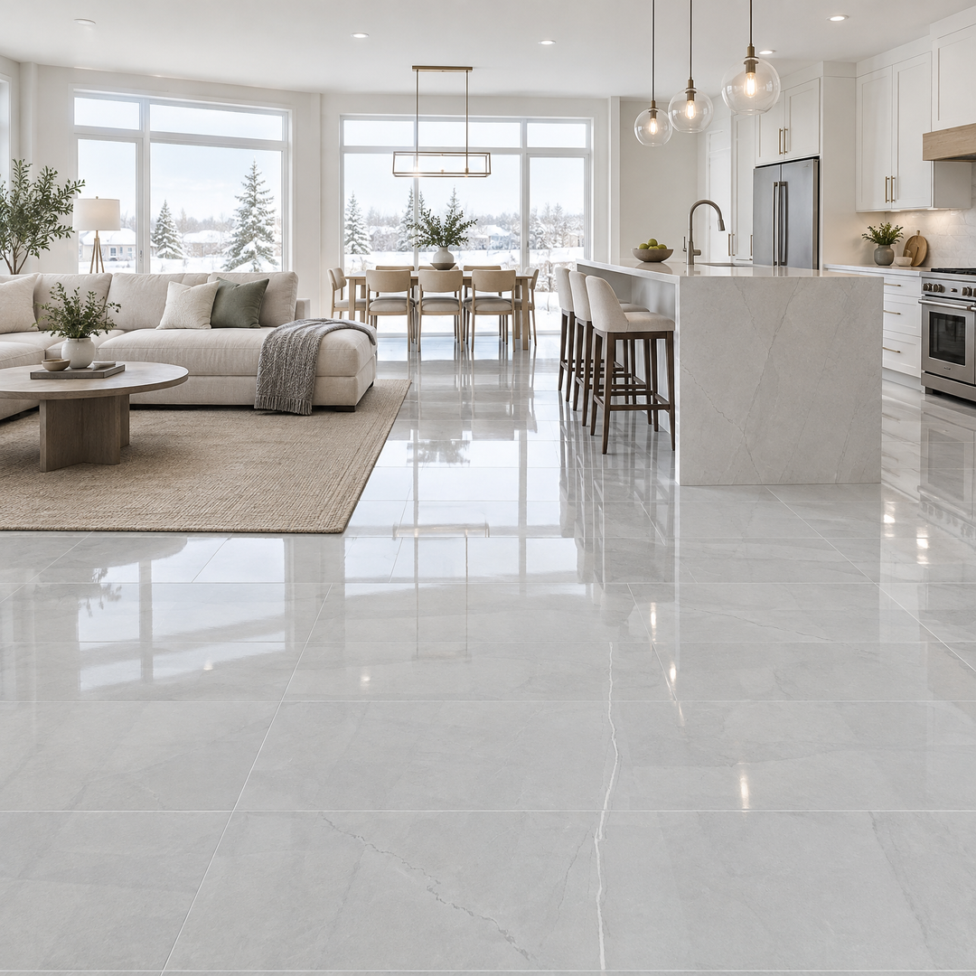 Amaretto Grey, 12×24 glossy, tile, an illustration of it installed