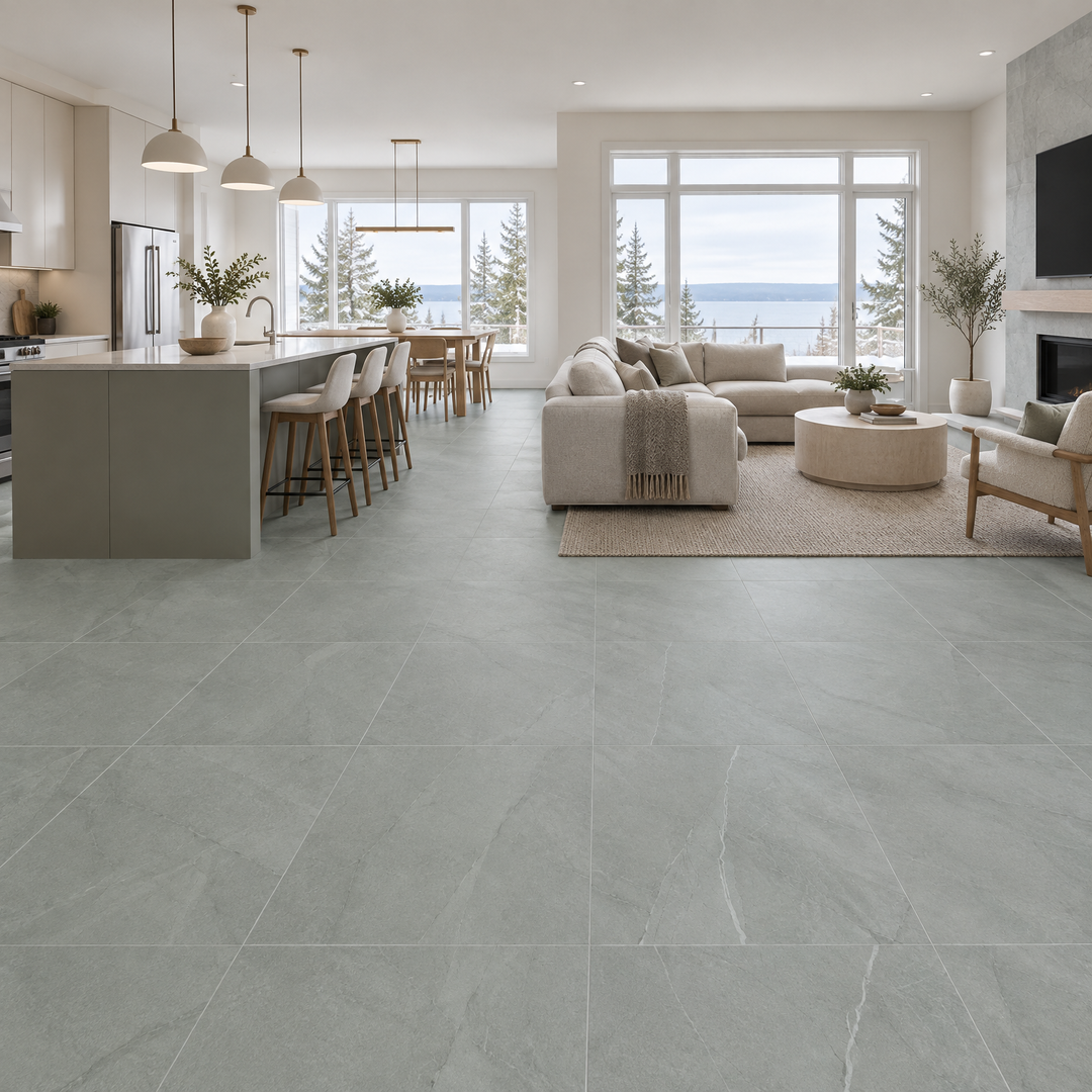 Amaretto Grey Matte Tile 24×24, an illustration of it installed