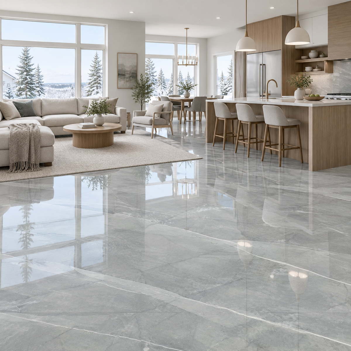 Amaretto Grey Glossy Tile 24×48, an illustration of it installed
