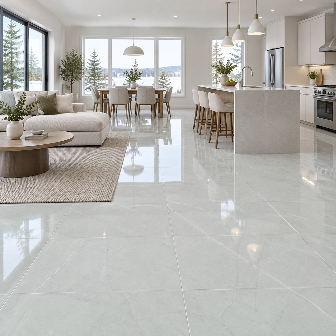 Amaretto Silver Glossy Tile 24×24, an illustration of it installed