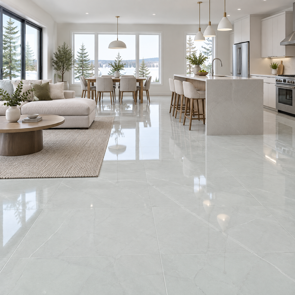Amaretto Silver Glossy Tile 24×24, an illustration of it installed