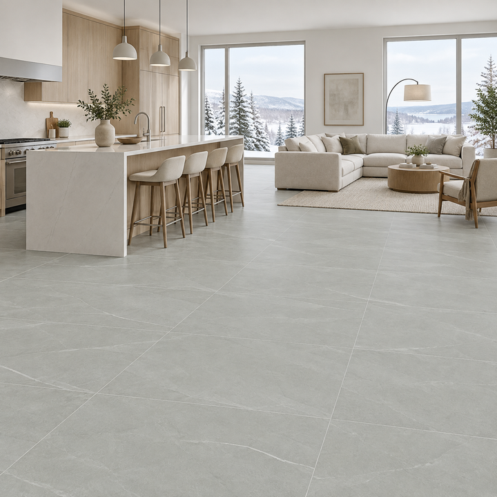 Amaretto Silver Matte Tile 24×48 5mm, an illustration of it installed