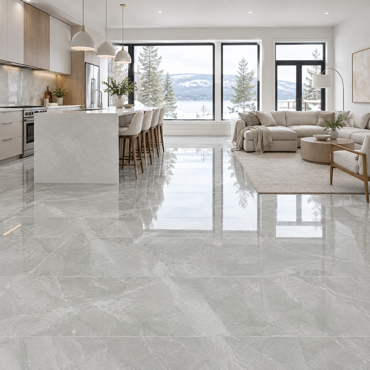 Armani Harbour Grey, 24×48 glossy, tile, an illustration of it installed