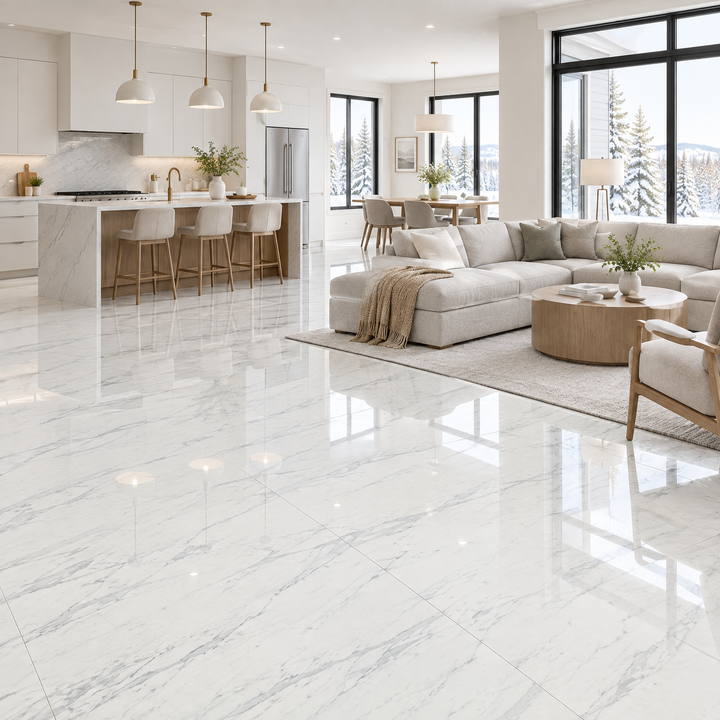 Atlanta White Glossy Tile 24×48, an illustration of it installed