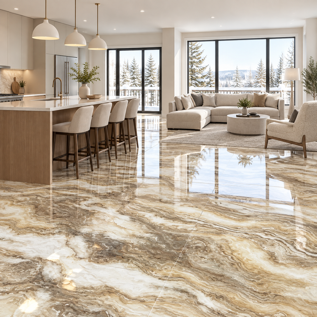 Gold Glossy Tile 24×48 — AWT-01, an illustration of it installed