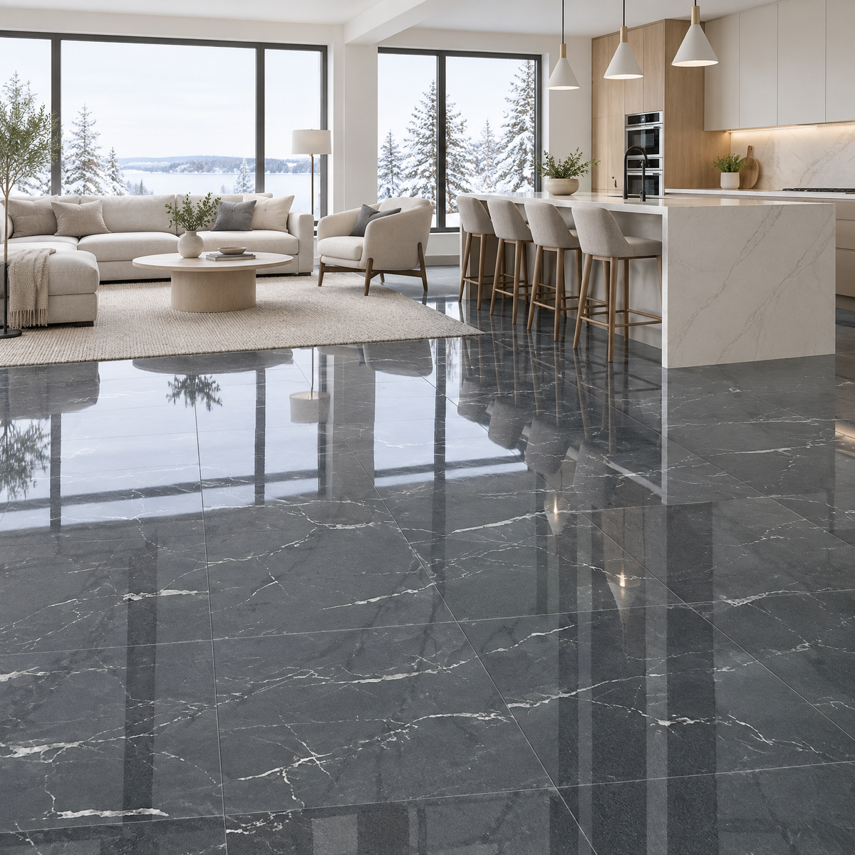 Black Polished Tile 24×24 — AWT-02, an illustration of it installed