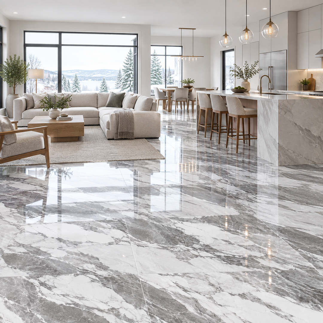 Grey Glossy Tile 24×48 — AWT-03, an illustration of it installed
