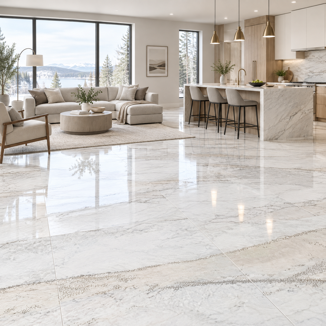 White Polished Tile 24×48 — AWT-04, an illustration of it installed