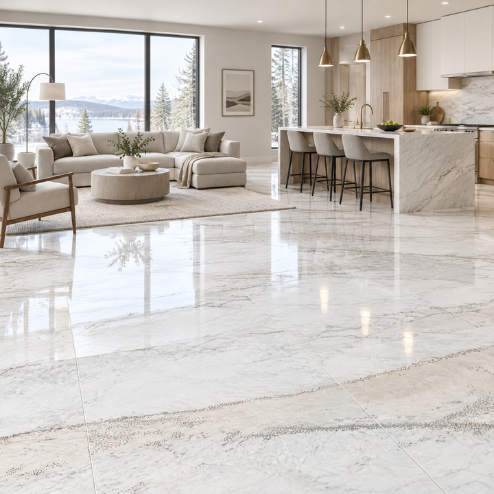 White Polished Tile 24×48 — AWT-04, an illustration of it installed