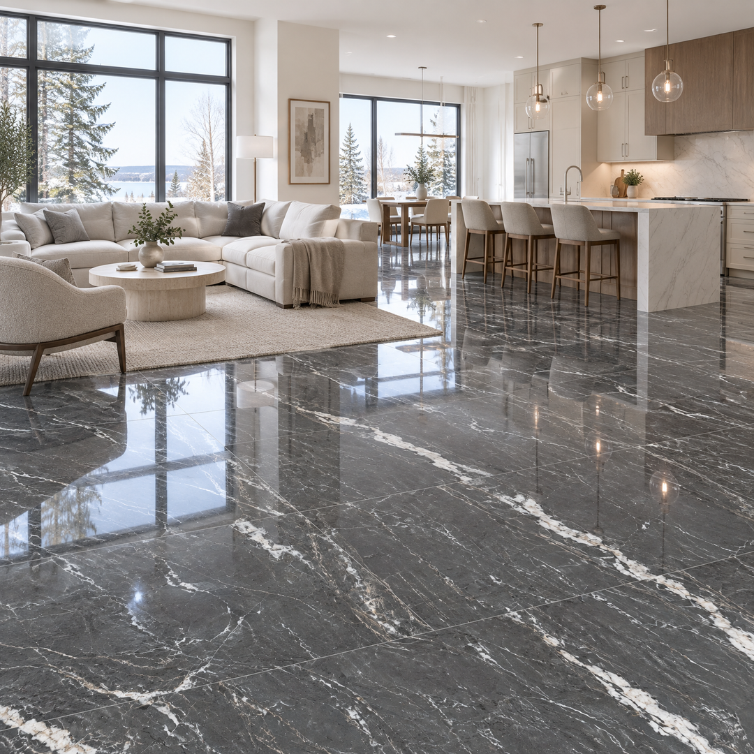 Grey Polished Tile 24×48 — AWT-07, an illustration of it installed