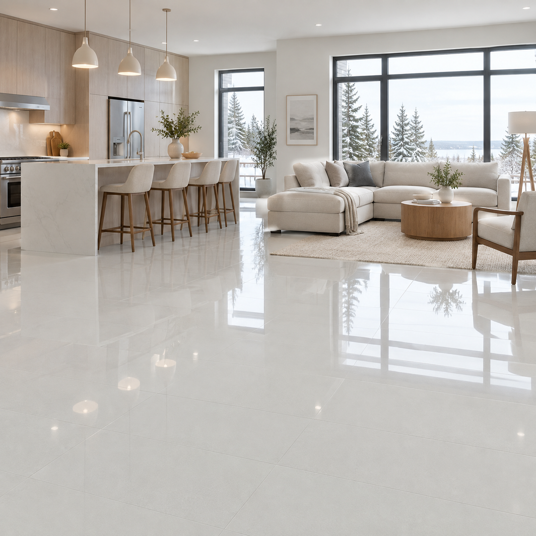Brilliant White, 12×24 glossy, tile, an illustration of it installed