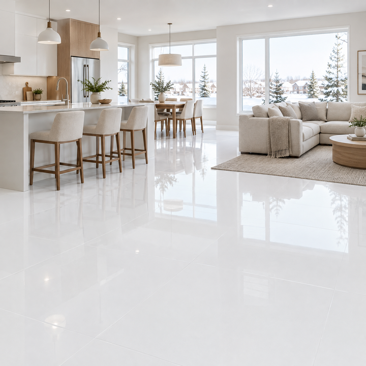 Brilliant White Tile 24×24, glossy, an illustration of it installed