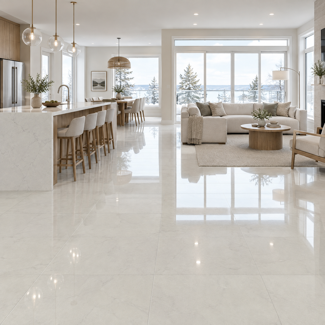 Carrara Grace, 24×48 glossy, tile, an illustration of it installed