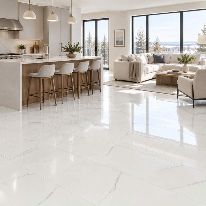 Cava Bianco, 12×24 glossy, tile, an illustration of it installed