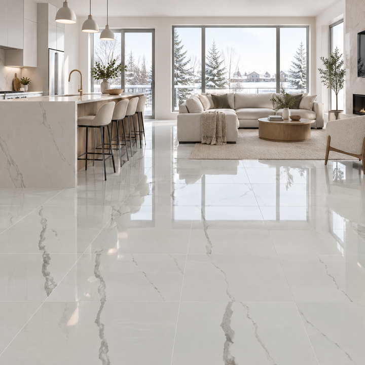 Cava Bianco Glossy Tile 24×24, an illustration of it installed