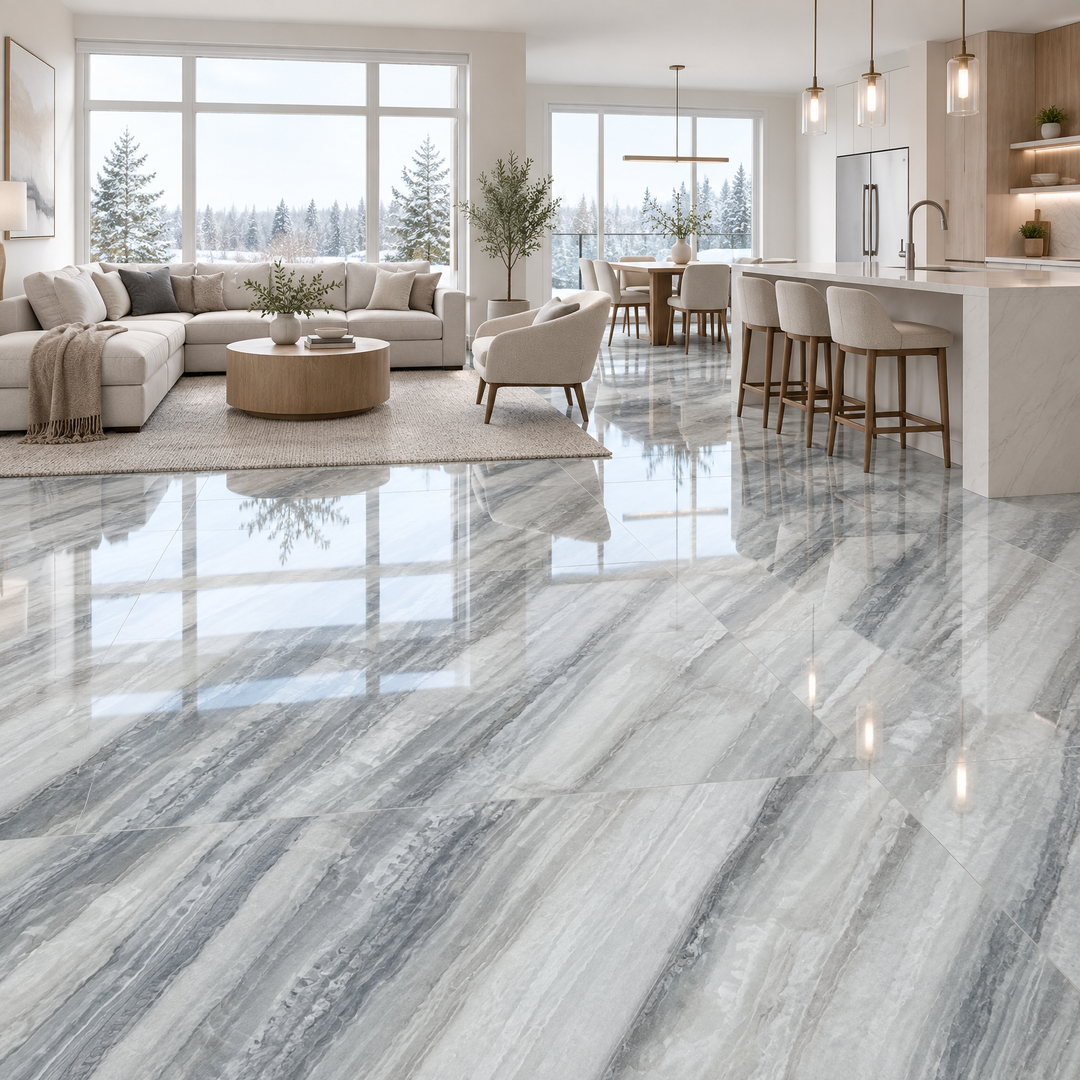 Cristallo Onyx Blue, 32×64 glossy, tile, an illustration of it installed