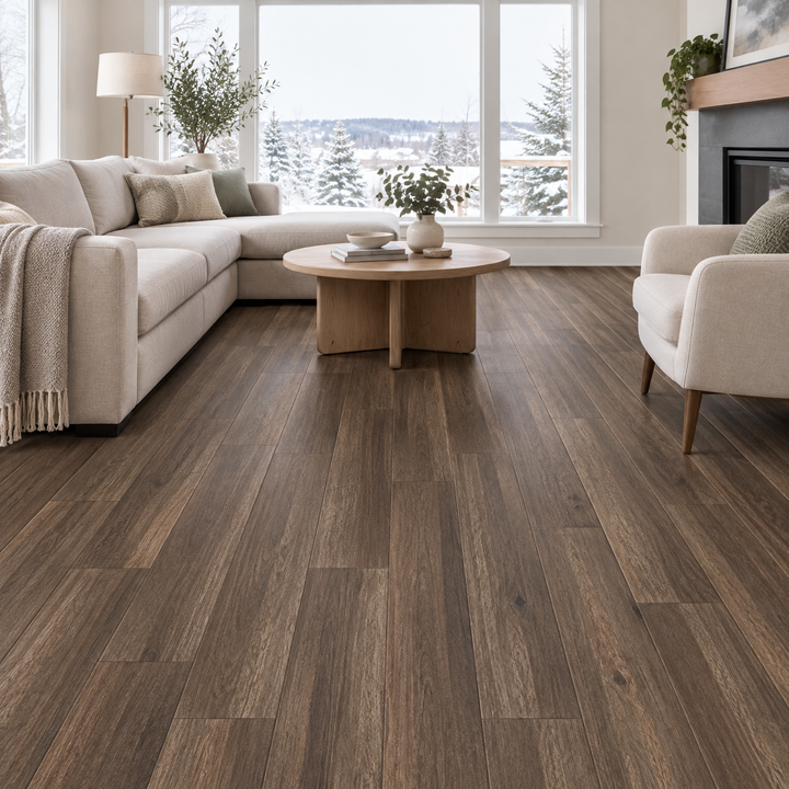 Brown Vinyl Plank 7×48 — CS-03, an illustration of it installed