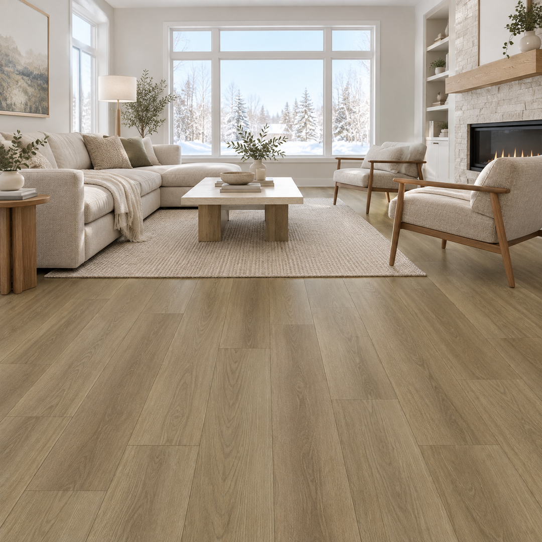 Brown Vinyl Plank 7×48 — DE-01, an illustration of it installed