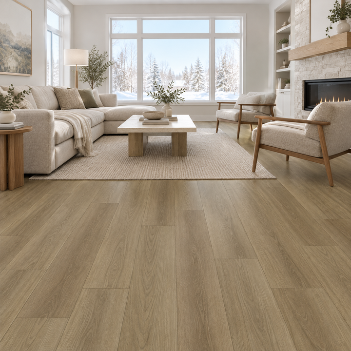 Brown Vinyl Plank 7×48 — DE-01, an illustration of it installed