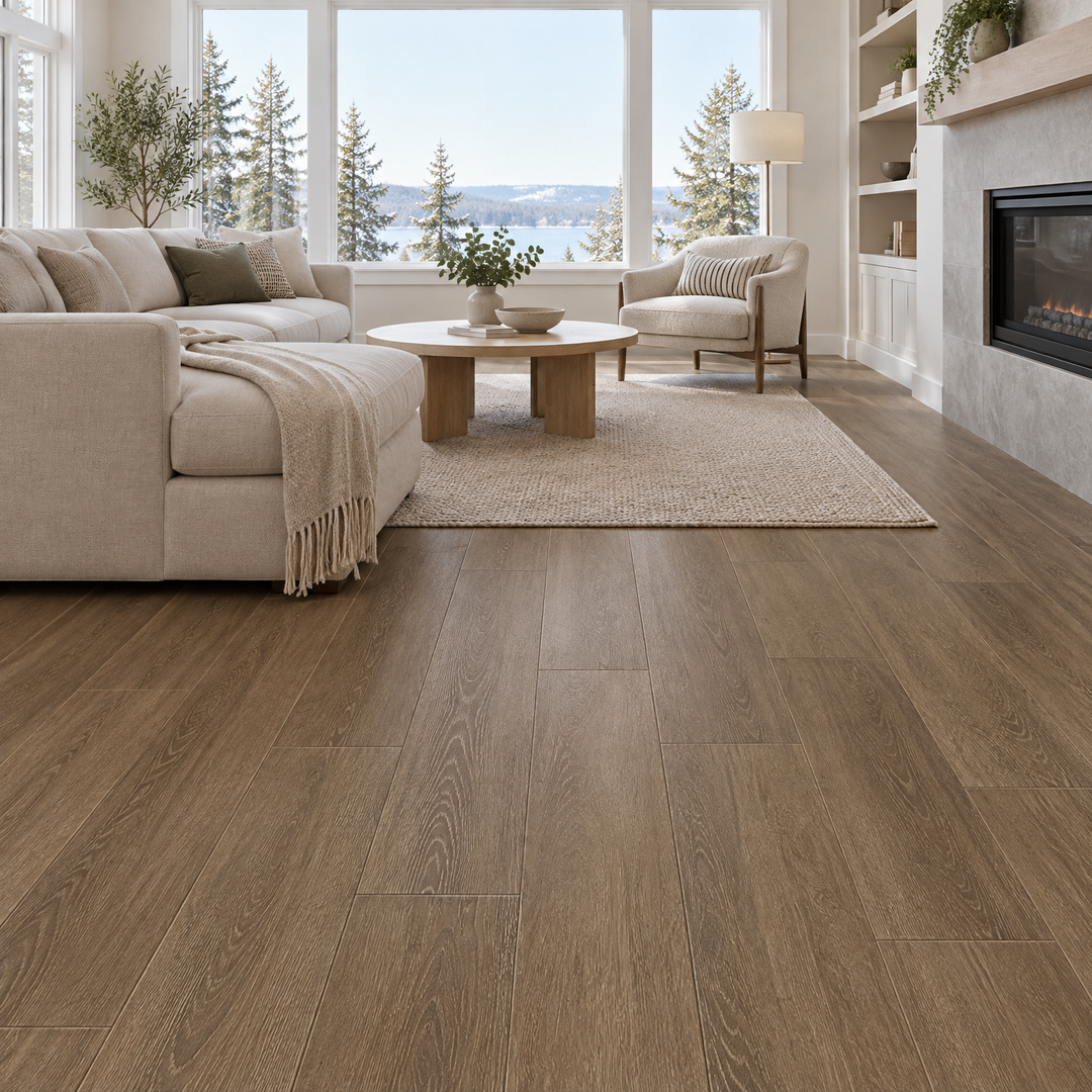 Brown Vinyl Plank 7×48 — DE-05, an illustration of it installed