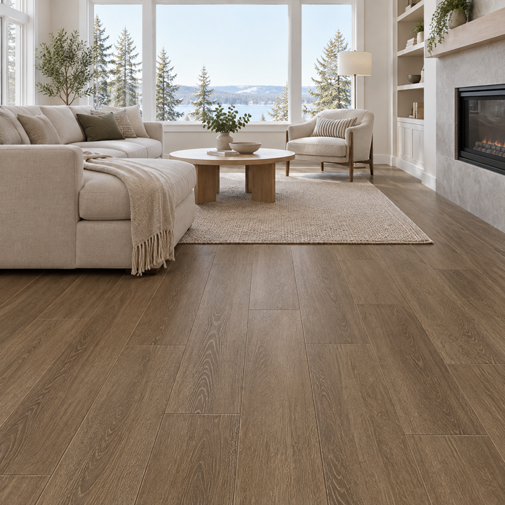 Brown Vinyl Plank 7×48 — DE-05, an illustration of it installed