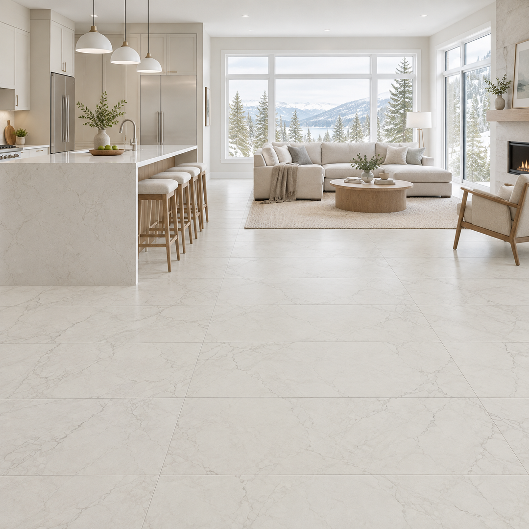 White Tile 24×48 — DELC-008, an illustration of it installed