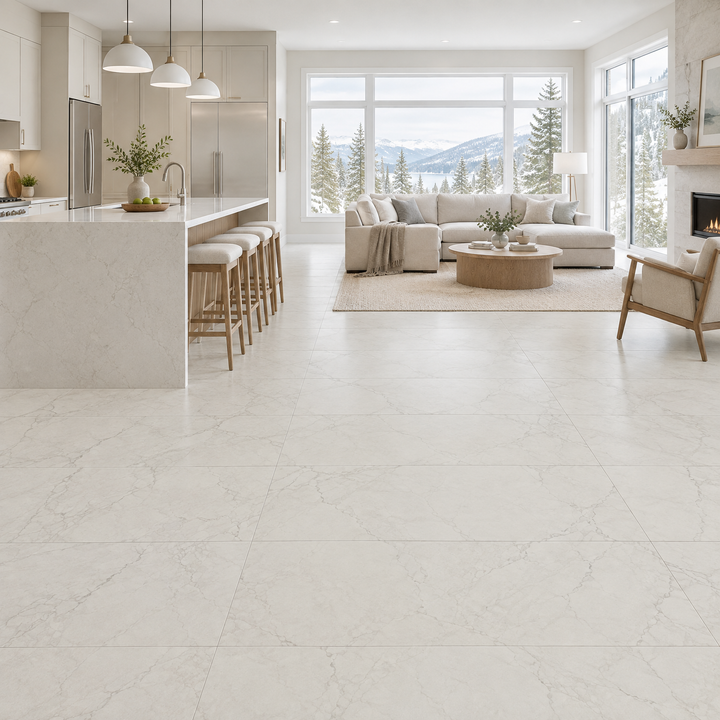 White Tile 24×48 — DELC-008, an illustration of it installed