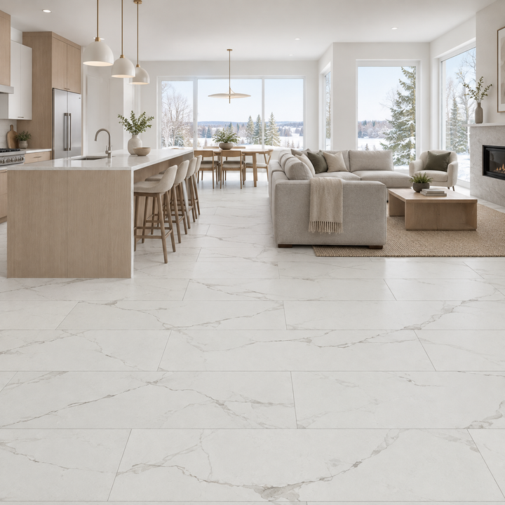 Delight Brown Trendy Tile 16×48, structured, an illustration of it installed