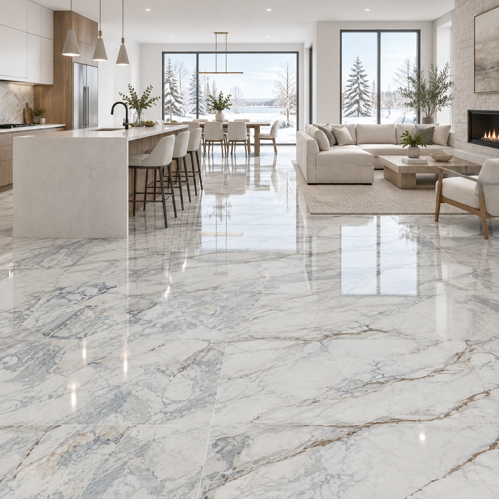 Grey Glossy Tile 24×48 — EUT 008, an illustration of it installed