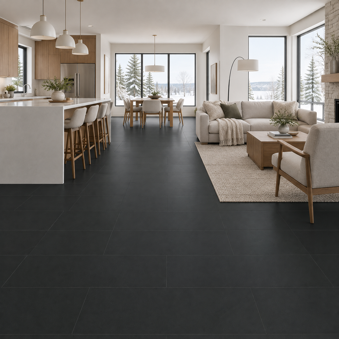 Black Matte Tile 12×24 — EUT-02, an illustration of it installed