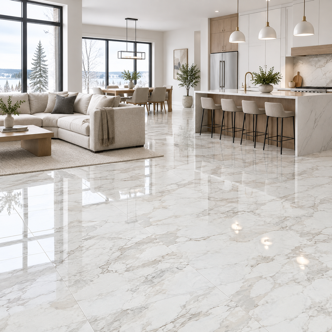 White Tile 24×24 — EUT-05, glossy, an illustration of it installed
