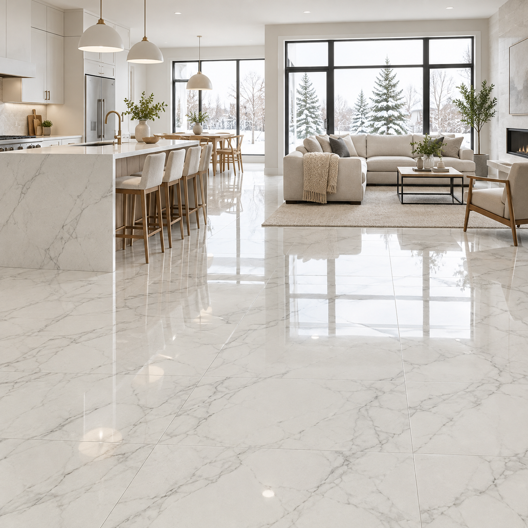 White Polished Tile 24×48 — EUT-10, an illustration of it installed