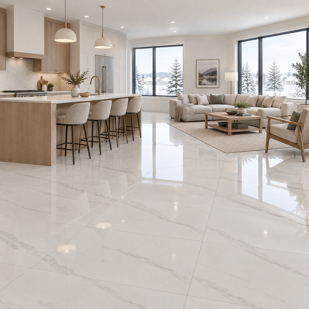 White Glossy Tile 24×24 — EUT-11, an illustration of it installed