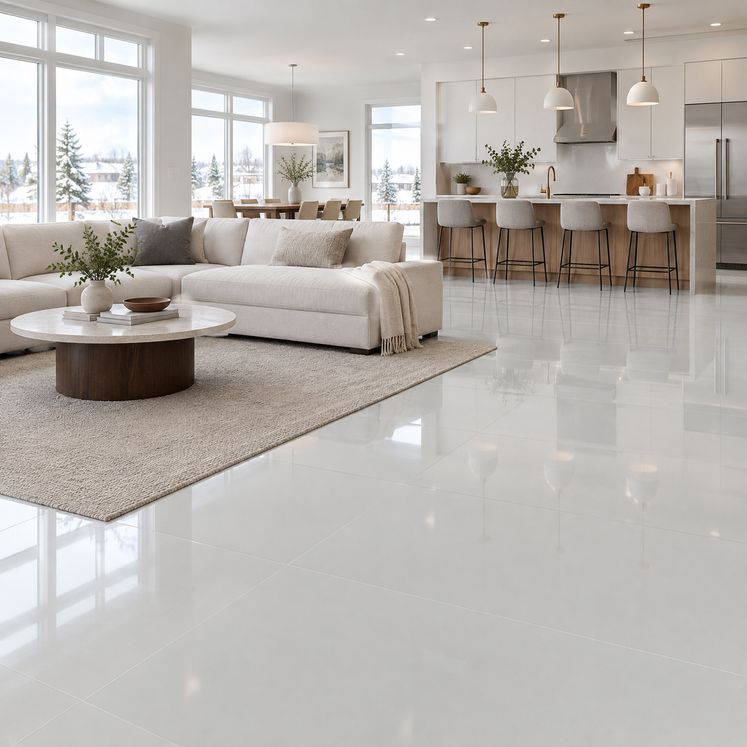 Grey Glossy Tile 24×48 — EUT 17, an illustration of it installed