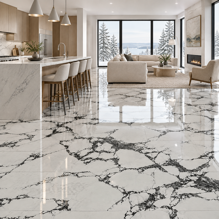 White Polished Tile 24×48 — EUT-31, an illustration of it installed