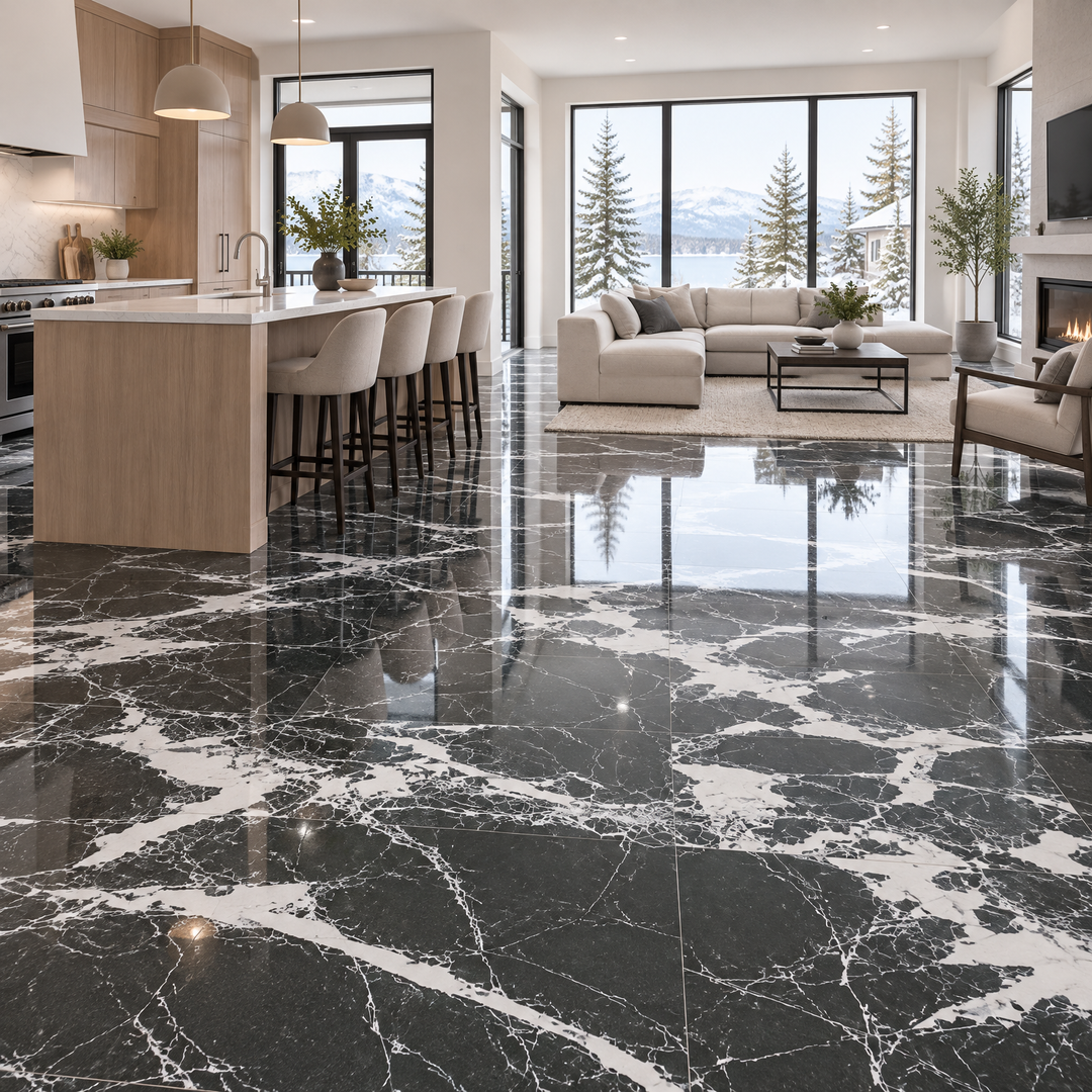 Black Polished Tile 24×48 — EUT-32, an illustration of it installed
