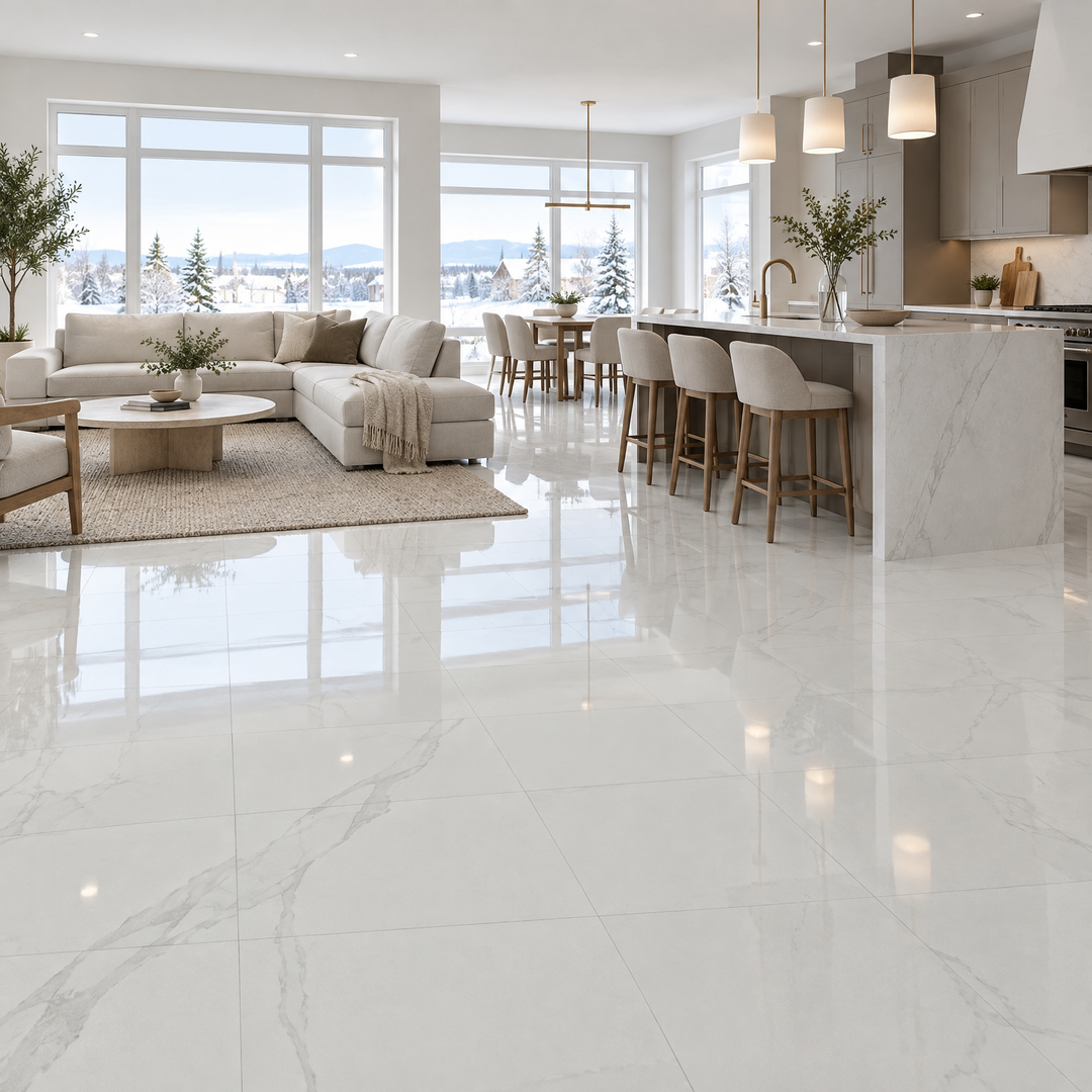Grey Tile 24×24 — EUT-39, glossy, an illustration of it installed