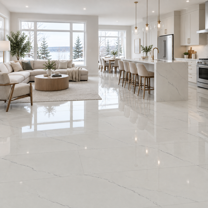 White Tile 24×48 — GL-001, glossy, an illustration of it installed