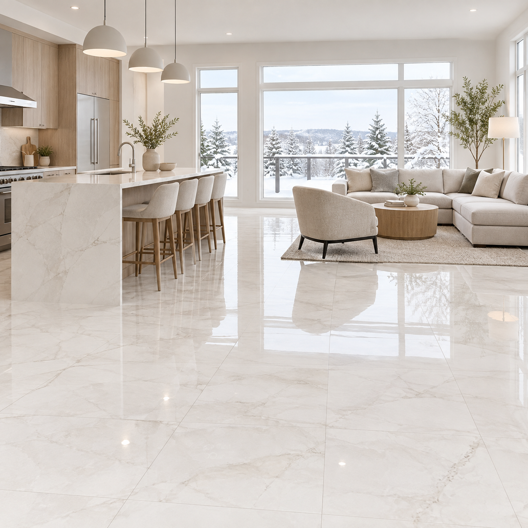 Grey Tile 24×24 — GL-005, glossy, an illustration of it installed