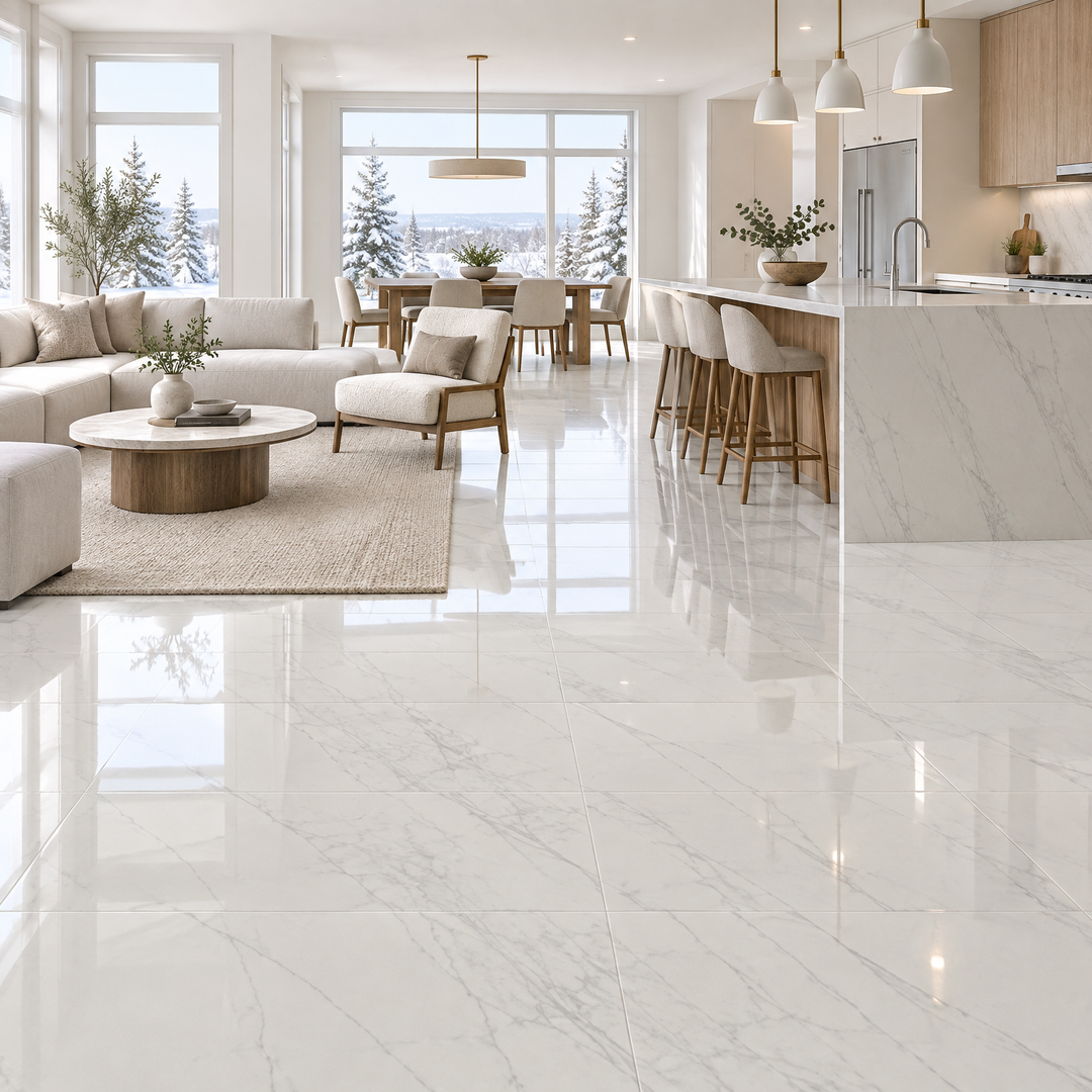 White Glossy Tile 24×48 — GL-006, an illustration of it installed