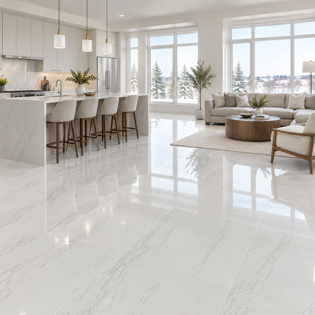 White Tile 24×24 — GL-007, glossy, an illustration of it installed
