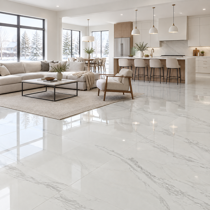 White Glossy Tile 24×48 — GL-007, an illustration of it installed