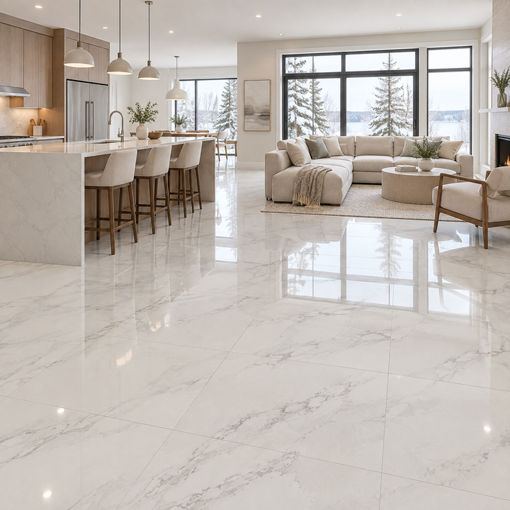 White Tile 24×24 — GL-009, glossy, an illustration of it installed